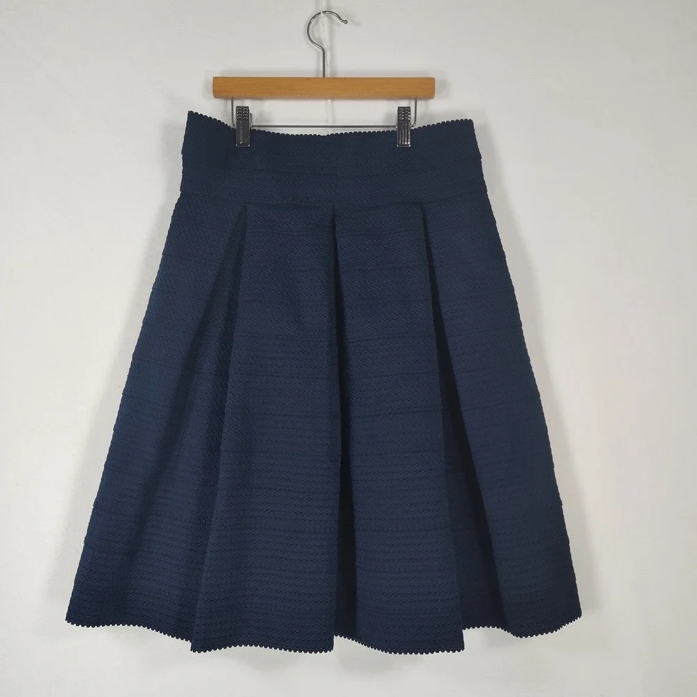 New York & Company 7th Avenue Navy Blue Textured Pleated A-Line Skirt Medium